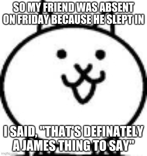SO MY FRIEND WAS ABSENT ON FRIDAY BECAUSE HE SLEPT IN; I SAID, "THAT'S DEFINATELY A JAMES THING TO SAY" | image tagged in battle cats | made w/ Imgflip meme maker