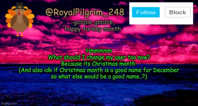 Hmmmm... | Hmmmmm
What should I change my user too now?
Because its Christmas month 
(And also idk if Christmas month is a good name for December so what else would be a good name..?) | image tagged in royalpilgrim_248's temp thanksgiving,username change,christmas month,reeeee,helloooo | made w/ Imgflip meme maker