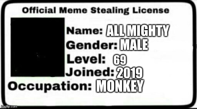 Meme Stealing License | ALL MIGHTY; MALE; 69; 2019; MONKEY | image tagged in meme stealing license | made w/ Imgflip meme maker