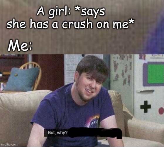 I don't get it... | A girl: *says she has a crush on me*; Me: | image tagged in but why why would you do that,blank white template | made w/ Imgflip meme maker
