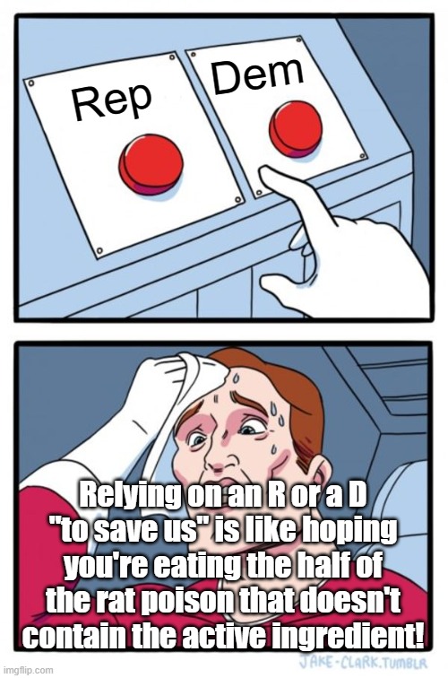 Relying on an R or a D "to save us" is like hoping you're eating the half of the rat poison that doesn't contain the active ingr | Dem; Rep; Relying on an R or a D
"to save us" is like hoping you're eating the half of the rat poison that doesn't contain the active ingredient! | image tagged in memes,two buttons | made w/ Imgflip meme maker