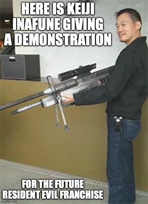 Keiji Inafune With Rifle | HERE IS KEIJI INAFUNE GIVING A DEMONSTRATION; FOR THE FUTURE RESIDENT EVIL FRANCHISE | image tagged in keiji inafune,rifle,memes | made w/ Imgflip meme maker
