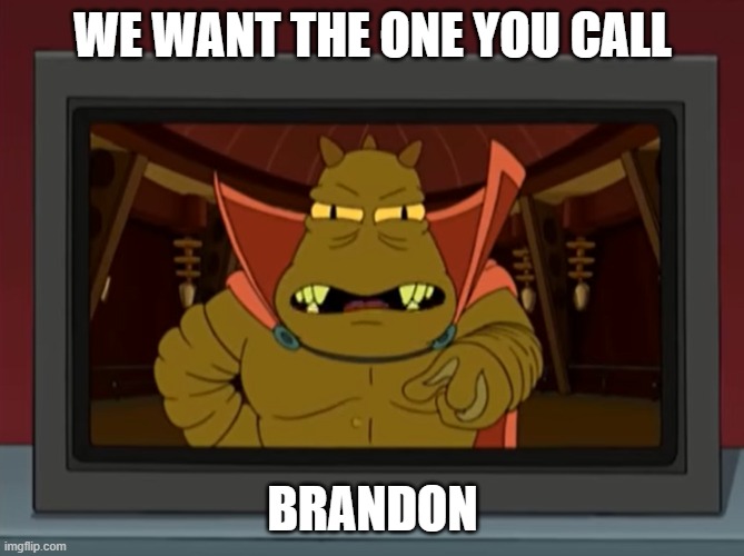 Lrrr | WE WANT THE ONE YOU CALL; BRANDON | image tagged in lrrr | made w/ Imgflip meme maker