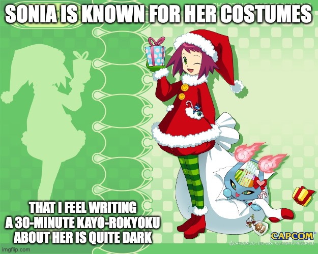 Sonia Strumm Christmas Costume | SONIA IS KNOWN FOR HER COSTUMES; THAT I FEEL WRITING A 30-MINUTE KAYO-ROKYOKU ABOUT HER IS QUITE DARK | image tagged in megaman,megaman star force,sonia strumm,memes | made w/ Imgflip meme maker