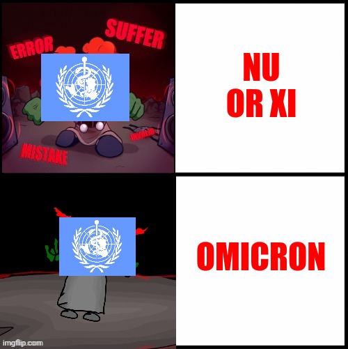 WHO... |  NU OR XI; OMICRON | image tagged in tricky the clown drake,who,omicron,nu,xi,covid-19 | made w/ Imgflip meme maker