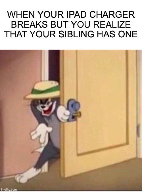 Yes | WHEN YOUR IPAD CHARGER BREAKS BUT YOU REALIZE THAT YOUR SIBLING HAS ONE | image tagged in sneaky tom,memes,funny | made w/ Imgflip meme maker