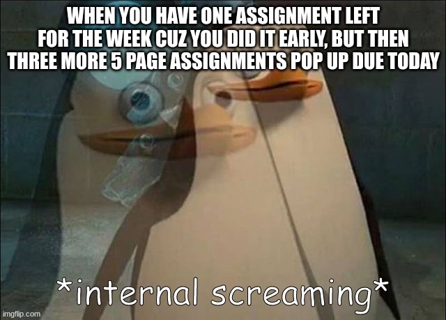 PAIN | WHEN YOU HAVE ONE ASSIGNMENT LEFT FOR THE WEEK CUZ YOU DID IT EARLY, BUT THEN THREE MORE 5 PAGE ASSIGNMENTS POP UP DUE TODAY | image tagged in private internal screaming | made w/ Imgflip meme maker