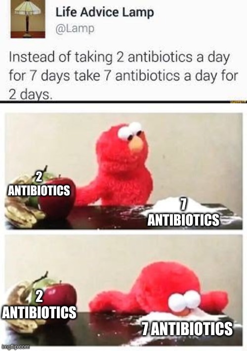  2 ANTIBIOTICS; 7 ANTIBIOTICS; 2 ANTIBIOTICS; 7 ANTIBIOTICS | image tagged in elmo cocaine | made w/ Imgflip meme maker