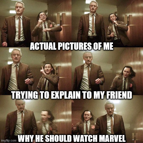 Who else thinks hyper loki is cute? | ACTUAL PICTURES OF ME; TRYING TO EXPLAIN TO MY FRIEND; WHY HE SHOULD WATCH MARVEL | image tagged in loki,marvel | made w/ Imgflip meme maker