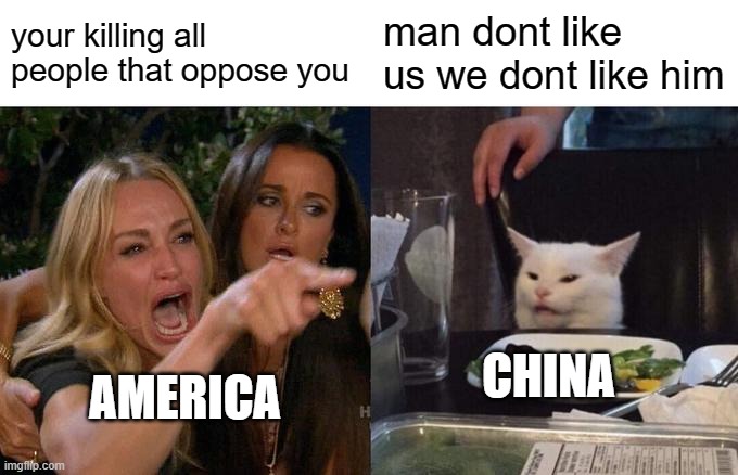 jjjjjjjjjjjjjjjjjjjjjjjjjjjjjjjjjjjjjjjjjjjjjjjjjjjjjjjjjjjjjjjjjjjjjjjjjjjjjjjjjj | your killing all people that oppose you; man dont like us we dont like him; CHINA; AMERICA | image tagged in memes,woman yelling at cat | made w/ Imgflip meme maker