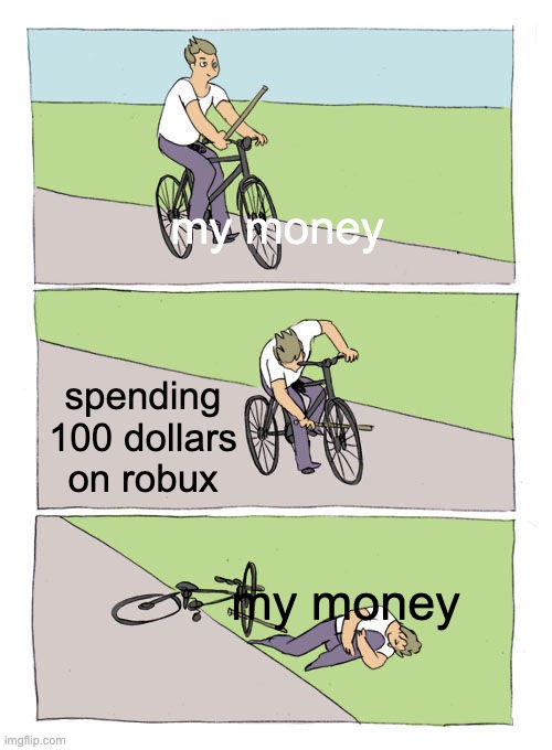 Day 894 of running out of titles | my money; spending 100 dollars on robux; my money | image tagged in memes,bike fall | made w/ Imgflip meme maker