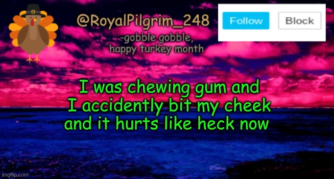 oowwwwww it hurtsssss | I was chewing gum and I accidently bit my cheek and it hurts like heck now | image tagged in royalpilgrim_248's temp thanksgiving,help me,ow,chewing gum,reeeeeeeeeee | made w/ Imgflip meme maker