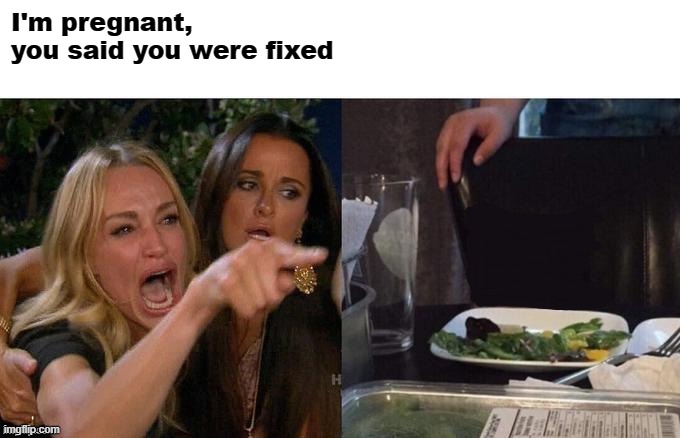 Woman yelling at no cat | I'm pregnant, you said you were fixed | image tagged in woman yelling at no cat | made w/ Imgflip meme maker