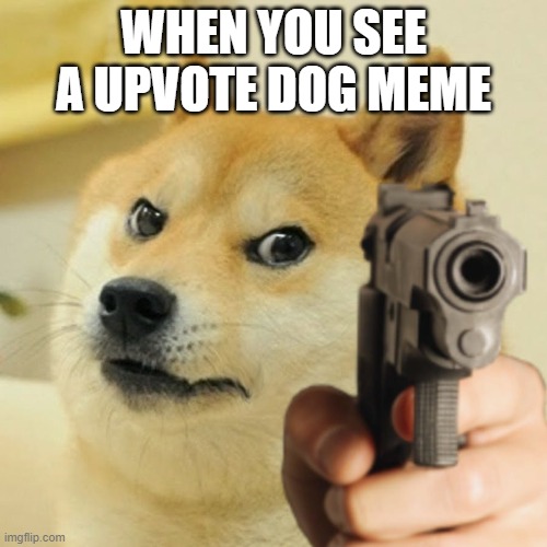 Doge holding a gun | WHEN YOU SEE A UPVOTE DOG MEME | image tagged in doge holding a gun | made w/ Imgflip meme maker