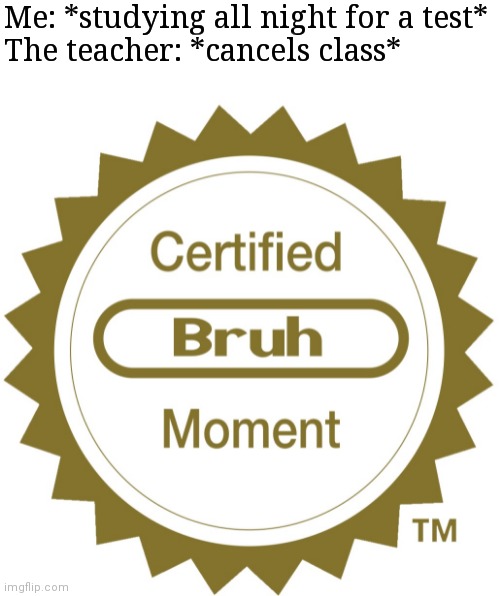 Certified bruh moment | Me: *studying all night for a test*
The teacher: *cancels class* | image tagged in certified bruh moment | made w/ Imgflip meme maker