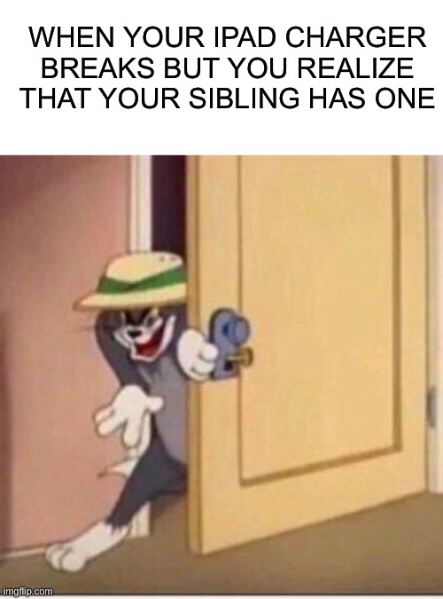 Have you ever done this? :O | WHEN YOUR IPAD CHARGER BREAKS BUT YOU REALIZE THAT YOUR SIBLING HAS ONE | image tagged in sneaky tom,memes,funny,relatable memes,relatable,lmao | made w/ Imgflip meme maker