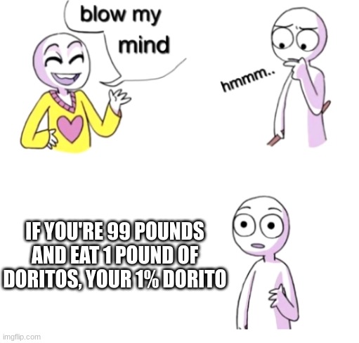 Dorito | IF YOU'RE 99 POUNDS AND EAT 1 POUND OF DORITOS, YOUR 1% DORITO | image tagged in blow my mind | made w/ Imgflip meme maker