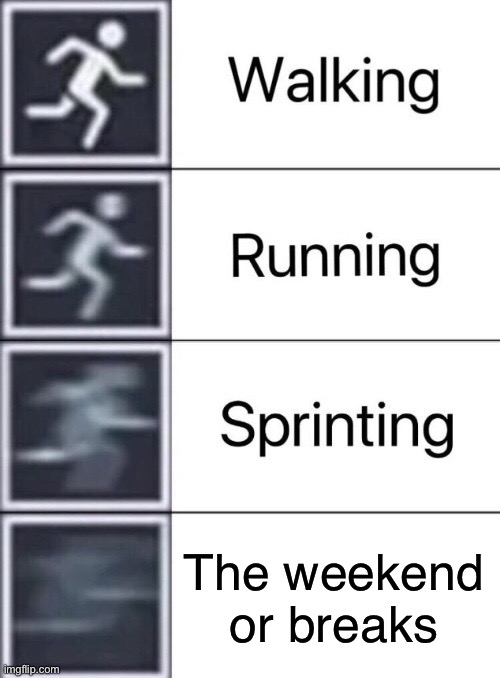 Walking, Running, Sprinting | The weekend or breaks | image tagged in walking running sprinting | made w/ Imgflip meme maker