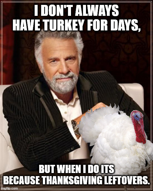 Thanksgiving Turkey keeps on giving and giving and giving | I DON'T ALWAYS HAVE TURKEY FOR DAYS, BUT WHEN I DO ITS BECAUSE THANKSGIVING LEFTOVERS. | image tagged in turkey,funny memes,the most interesting man in the world,leftovers | made w/ Imgflip meme maker