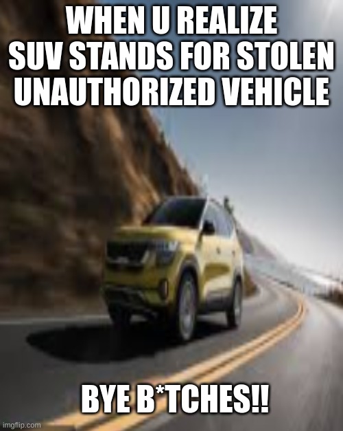 FLIP | WHEN U REALIZE SUV STANDS FOR STOLEN UNAUTHORIZED VEHICLE; BYE B*TCHES!! | image tagged in cars | made w/ Imgflip meme maker