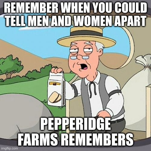 *dies from cringe* (mod note: same) | REMEMBER WHEN YOU COULD TELL MEN AND WOMEN APART; PEPPERIDGE FARMS REMEMBERS | made w/ Imgflip meme maker