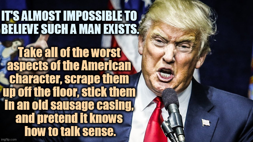 The worst. | IT'S ALMOST IMPOSSIBLE TO 

BELIEVE SUCH A MAN EXISTS. Take all of the worst 
aspects of the American 

character, scrape them 
up off the floor, stick them 
in an old sausage casing, 
and pretend it knows 
how to talk sense. | image tagged in trump angry,trump,awful,dishonest donald,terrible | made w/ Imgflip meme maker
