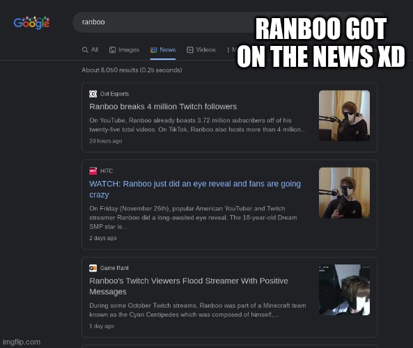 Im so happy | RANBOO GOT ON THE NEWS XD | image tagged in ranboo,news,dream smp | made w/ Imgflip meme maker