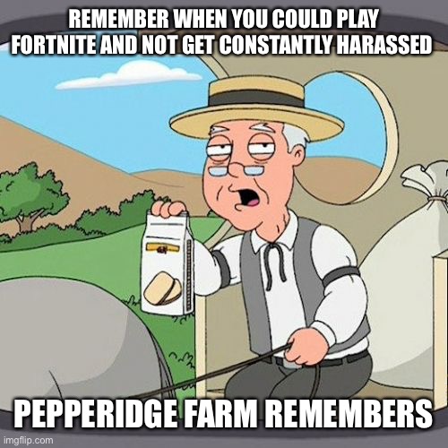 I’m not even toxic I just wanna play with my friends | REMEMBER WHEN YOU COULD PLAY FORTNITE AND NOT GET CONSTANTLY HARASSED; PEPPERIDGE FARM REMEMBERS | image tagged in memes,pepperidge farm remembers | made w/ Imgflip meme maker