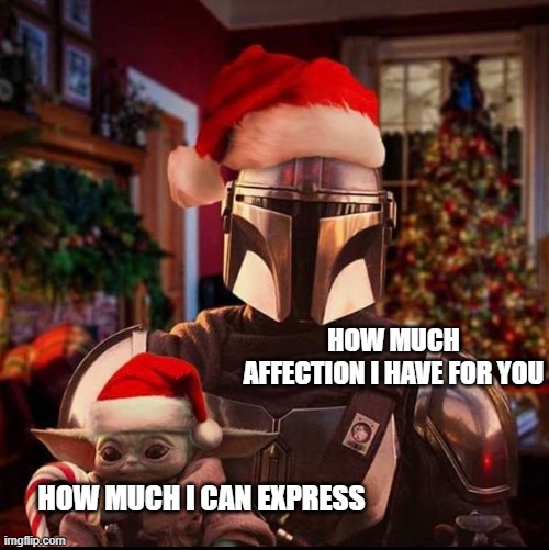 its hard sometimes XD | HOW MUCH AFFECTION I HAVE FOR YOU; HOW MUCH I CAN EXPRESS | image tagged in mando and baby yoda christmas | made w/ Imgflip meme maker