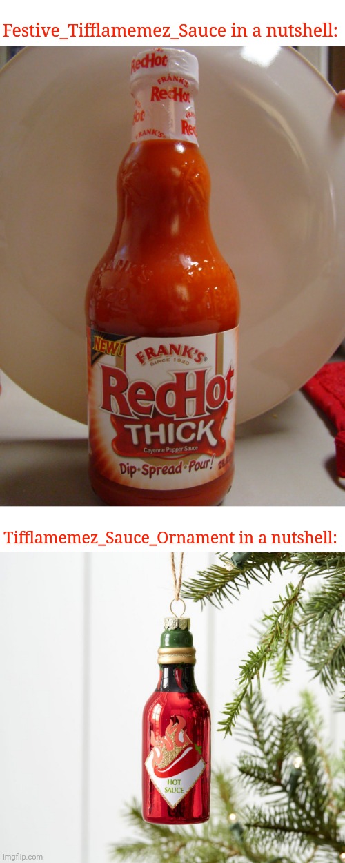 My usernames in a nutshell | Festive_Tifflamemez_Sauce in a nutshell:; Tifflamemez_Sauce_Ornament in a nutshell: | image tagged in red hot thick cayenne pepper sauce,memes,meme,username,usernames,in a nutshell | made w/ Imgflip meme maker