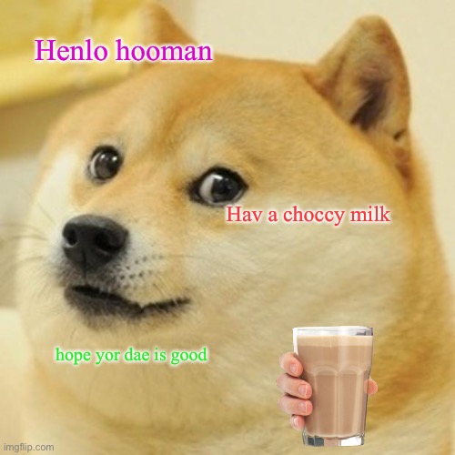 good day | Henlo hooman; Hav a choccy milk; hope yor dae is good | image tagged in memes,doge,choccy milk | made w/ Imgflip meme maker