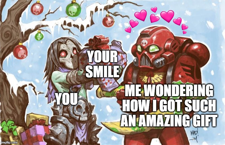 i never thought in a million years i would get something like this | YOUR SMILE; ME WONDERING HOW I GOT SUCH AN AMAZING GIFT; YOU | image tagged in warhammer 40k christmas,wholesome | made w/ Imgflip meme maker
