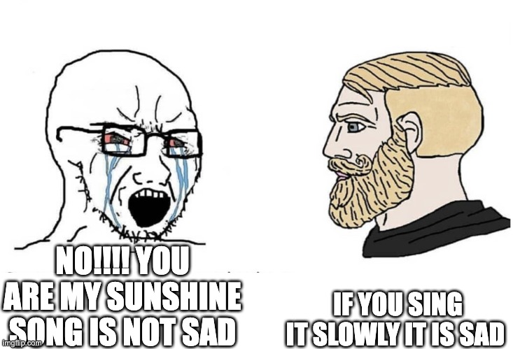 it made me cry  (i put it on fun idk why tho) | IF YOU SING IT SLOWLY IT IS SAD; NO!!!! YOU ARE MY SUNSHINE SONG IS NOT SAD | image tagged in soyboy vs yes chad | made w/ Imgflip meme maker