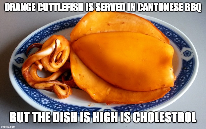 Orange Cuttlefish | ORANGE CUTTLEFISH IS SERVED IN CANTONESE BBQ; BUT THE DISH IS HIGH IS CHOLESTROL | image tagged in food,memes | made w/ Imgflip meme maker