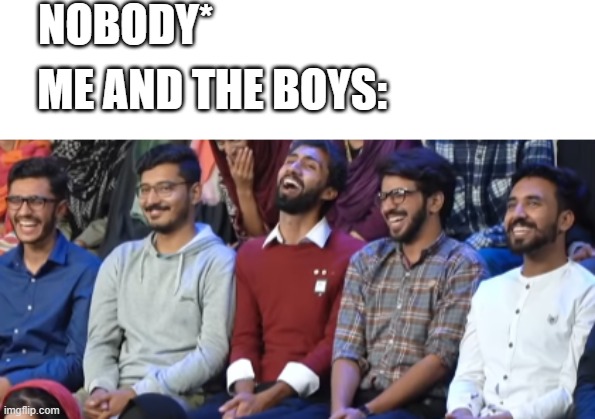 me and the boys | NOBODY*; ME AND THE BOYS: | image tagged in lol,me and the boys,must watch,funny,so funny | made w/ Imgflip meme maker