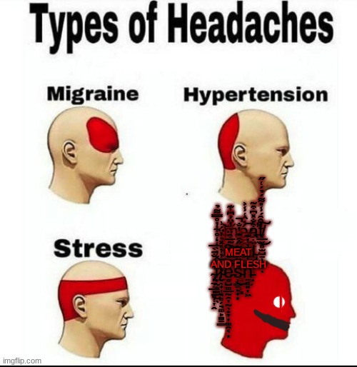 ̶̧̧̛̩̻̘̱͝m̵̢̭̠̼̙̪̭̭͖̐̃̓͋͊é̷̼̠̣̪͖̮̬̰̫͎͉̗̺̬͑̂͑̾͐͜͝ạ̶̛̰̭̞̗̙̬̘͙͒̐̽͆͒̃̕ͅt̸̛̲̮̻̫̺̱̹̘̟̍̂̑́̾̎͌́̉́͑̋͜͠ͅ ̷̯̥̪̦͎̰͕͙̀͐̀̀̕͜͠ͅa̶̛͈͚̎̃̅͒̈́̓̈́͆͘ | ̶̧̧̛̩̻̘̱͝m̵̢̭̠̼̙̪̭̭͖̐̃̓͋͊é̷̼̠̣̪͖̮̬̰̫͎͉̗̺̬͑̂͑̾͐͜͝ạ̶̛̰̭̞̗̙̬̘͙͒̐̽͆͒̃̕ͅt̸̛̲̮̻̫̺̱̹̘̟̍̂̑́̾̎͌́̉́͑̋͜͠ͅ ̷̯̥̪̦͎̰͕͙̀͐̀̀̕͜͠ͅa̶̛͈͚̜̮̪̥̎̃̅͒̈́̓̈́͆͘n̴̙̝̮͇̲͓͚̰͎̳͋̈́͐͜͜d̴̡̩͕̗̫̳͙̮̂ ̴̢̙̼̣̲̙̻̜͎̭̌̈́̐̄̀̅͘͝f̷̢̹̰̥̳̲̺̖͐̽̓̀̒̒̊͋̓̊̿͌̉͝l̴̼̖̟̜͉̻̗͉͚̙̳̱͇̀̄̓̓̎̽̇̓̈́͗̕e̵̻̺͚̲̰̯̦̰̖̟̞͎͚̭͔͙͝s̴̹͇̠̙̟͙̈́̈̂͆͌̋͒͊̔̐̕̚͜ẖ̵̻͈̦͖̒͋͋̀̓͊͘͝ͅ; MEAT AND FLESH | image tagged in types of headaches meme | made w/ Imgflip meme maker