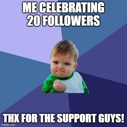 thanks for 20 followers guys! | ME CELEBRATING 20 FOLLOWERS; THX FOR THE SUPPORT GUYS! | image tagged in memes,success kid,followers,celebration,happiness noise | made w/ Imgflip meme maker