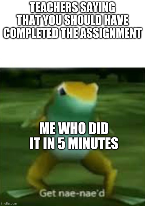 Get nae nae'd | TEACHERS SAYING THAT YOU SHOULD HAVE COMPLETED THE ASSIGNMENT; ME WHO DID IT IN 5 MINUTES | image tagged in get nae nae'd | made w/ Imgflip meme maker