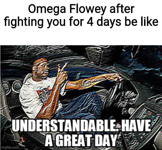 Fun fact: He actually stops attacking because of the code | Omega Flowey after fighting you for 4 days be like | image tagged in understandable have a great day,undertale,flowey,omega flowey | made w/ Imgflip meme maker