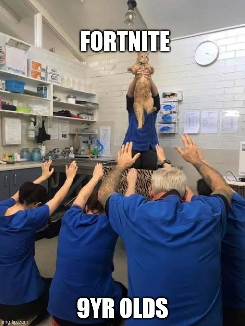 idk | FORTNITE; 9YR OLDS | image tagged in people worshipping the cat | made w/ Imgflip meme maker