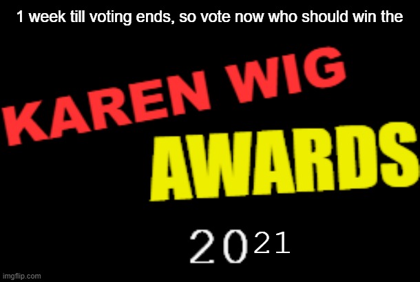 https://imgflip.com/i/5rsabo | 1 week till voting ends, so vote now who should win the; 21 | image tagged in karen wig awards 21st century logo | made w/ Imgflip meme maker