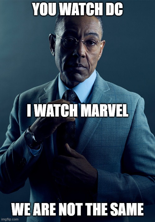 Gus Fring we are not the same | YOU WATCH DC; I WATCH MARVEL; WE ARE NOT THE SAME | image tagged in gus fring we are not the same,marvel,dc,mcu,dceu | made w/ Imgflip meme maker