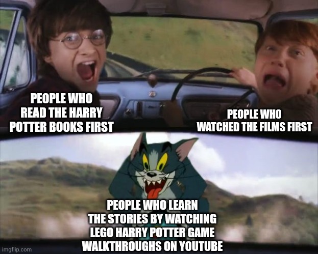 Well cultured youths | PEOPLE WHO WATCHED THE FILMS FIRST; PEOPLE WHO READ THE HARRY POTTER BOOKS FIRST; PEOPLE WHO LEARN THE STORIES BY WATCHING LEGO HARRY POTTER GAME WALKTHROUGHS ON YOUTUBE | image tagged in tom chasing harry and ron weasly,memes,harry potter,lego,books,youtube | made w/ Imgflip meme maker