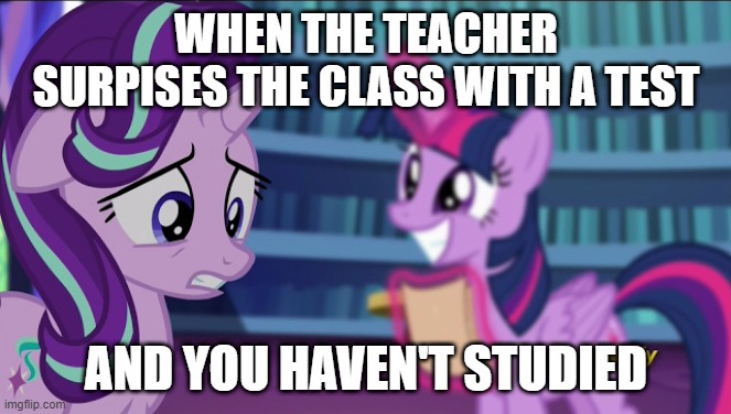 WHEN THE TEACHER SURPISES THE CLASS WITH A TEST; AND YOU HAVEN'T STUDIED | image tagged in mlp fim | made w/ Imgflip meme maker