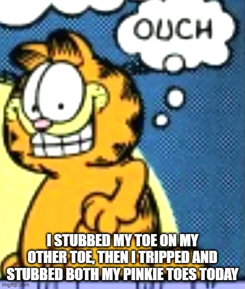 Garfield Ouch | I STUBBED MY TOE ON MY OTHER TOE, THEN I TRIPPED AND STUBBED BOTH MY PINKIE TOES TODAY | image tagged in garfield ouch | made w/ Imgflip meme maker