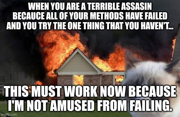 Burn Kitty |  WHEN YOU ARE A TERRIBLE ASSASIN BECAUCE ALL OF YOUR METHODS HAVE FAILED AND YOU TRY THE ONE THING THAT YOU HAVEN'T... THIS MUST WORK NOW BECAUSE I'M NOT AMUSED FROM FAILING. | image tagged in memes,burn kitty,grumpy cat | made w/ Imgflip meme maker