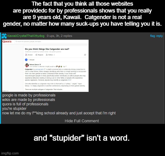 ooh the dictionary yum | The fact that you think all those websites are providedc for by professionals shows that you really are 9 years old, Kawaii.  Catgender is not a real gender, no matter how many suck-ups you have telling you it is. and "stupider" isn't a word. | image tagged in funny | made w/ Imgflip meme maker