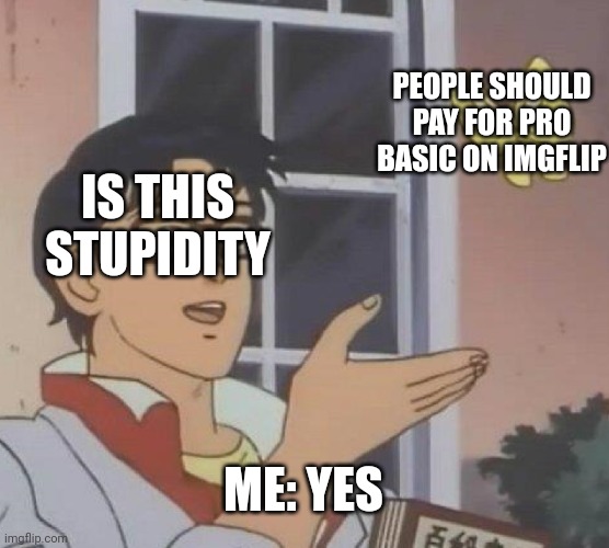 Am I the only one who thinks this | PEOPLE SHOULD PAY FOR PRO BASIC ON IMGFLIP; IS THIS STUPIDITY; ME: YES | image tagged in memes,is this a pigeon | made w/ Imgflip meme maker