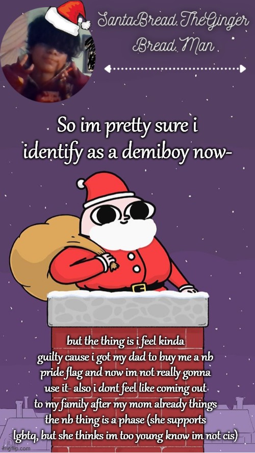 I'll just wait till im 15- | So im pretty sure i identify as a demiboy now-; but the thing is i feel kinda guilty cause i got my dad to buy me a nb pride flag and now im not really gonna use it- also i dont feel like coming out to my family after my mom already things the nb thing is a phase (she supports lgbtq, but she thinks im too young know im not cis) | image tagged in breads face christmas temp | made w/ Imgflip meme maker