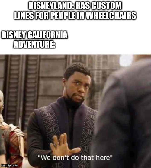 Disneyland be like |  DISNEYLAND: HAS CUSTOM LINES FOR PEOPLE IN WHEELCHAIRS; DISNEY CALIFORNIA ADVENTURE: | image tagged in we dont do that here,disney | made w/ Imgflip meme maker